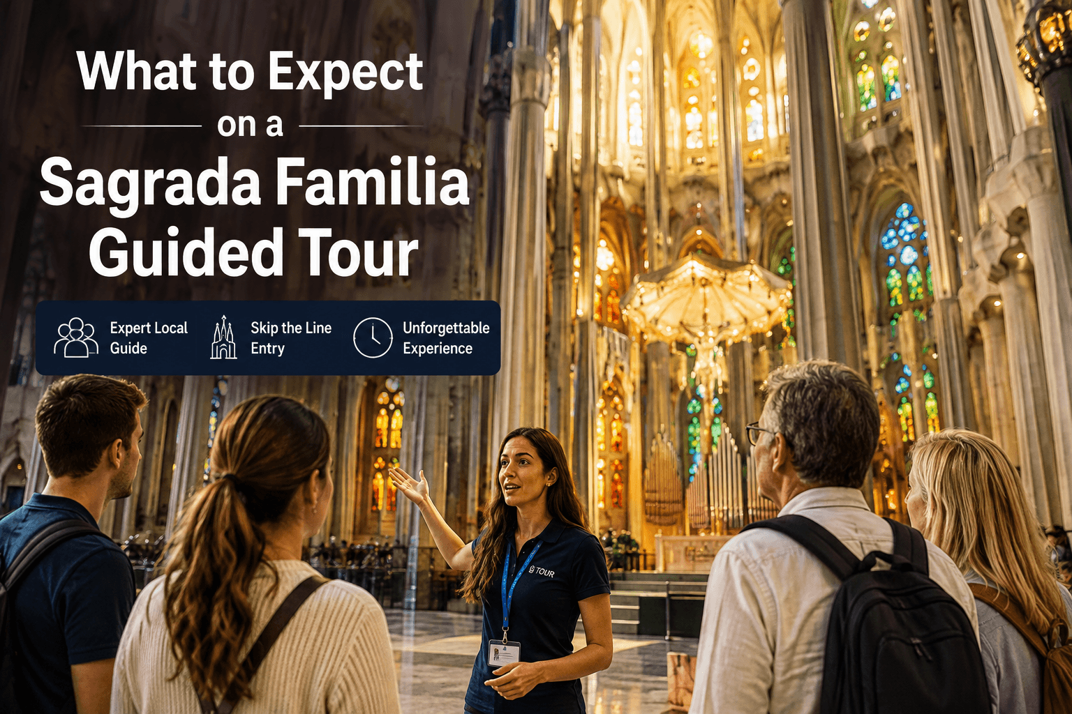Guided Sagrada Familia tour inside the basilica in Barcelona, with an expert guide explaining Gaudí’s architecture to visitors.